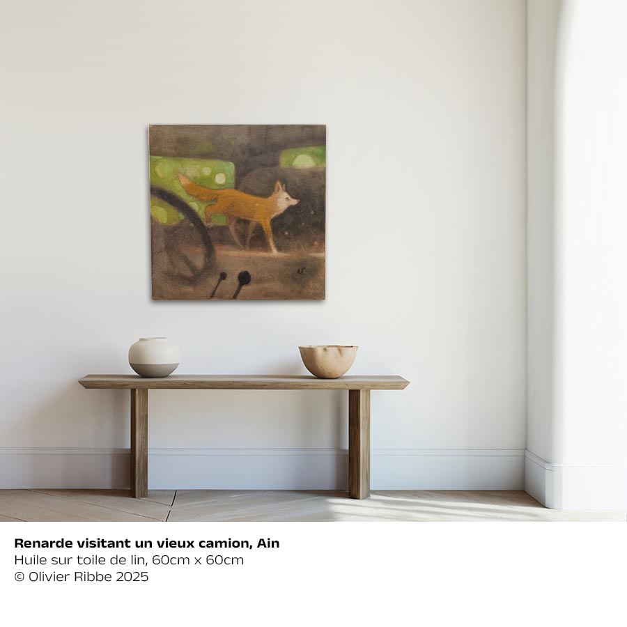 Marcassin dans un Renault Goëllette abandonné, Ain. Huile sur toile, 90cm x 90cm 