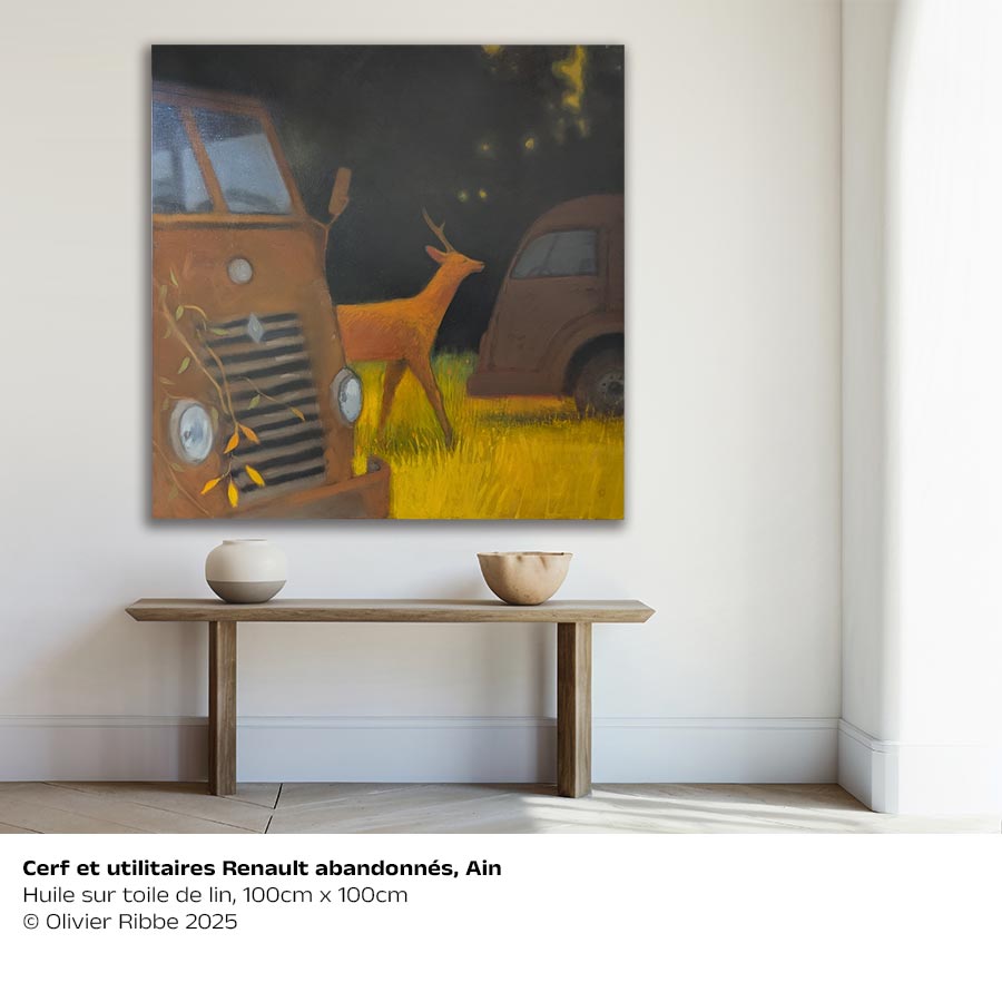 Cerf et utilitaires Renault abandonnés, Ain. Huile sur toile de lin, 100cm x 100cm 