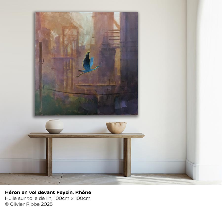 Héron en vol devant Feyzin, Rhône. Huile sur toile de lin, 100cm x 100cm 