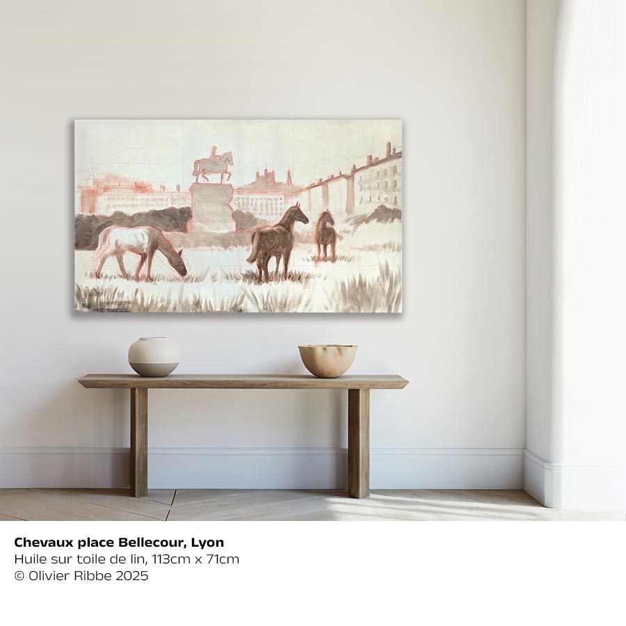 Chevaux place Bellecour, Lyon. Huile sur toile de lin, 113cm x 71cm 
