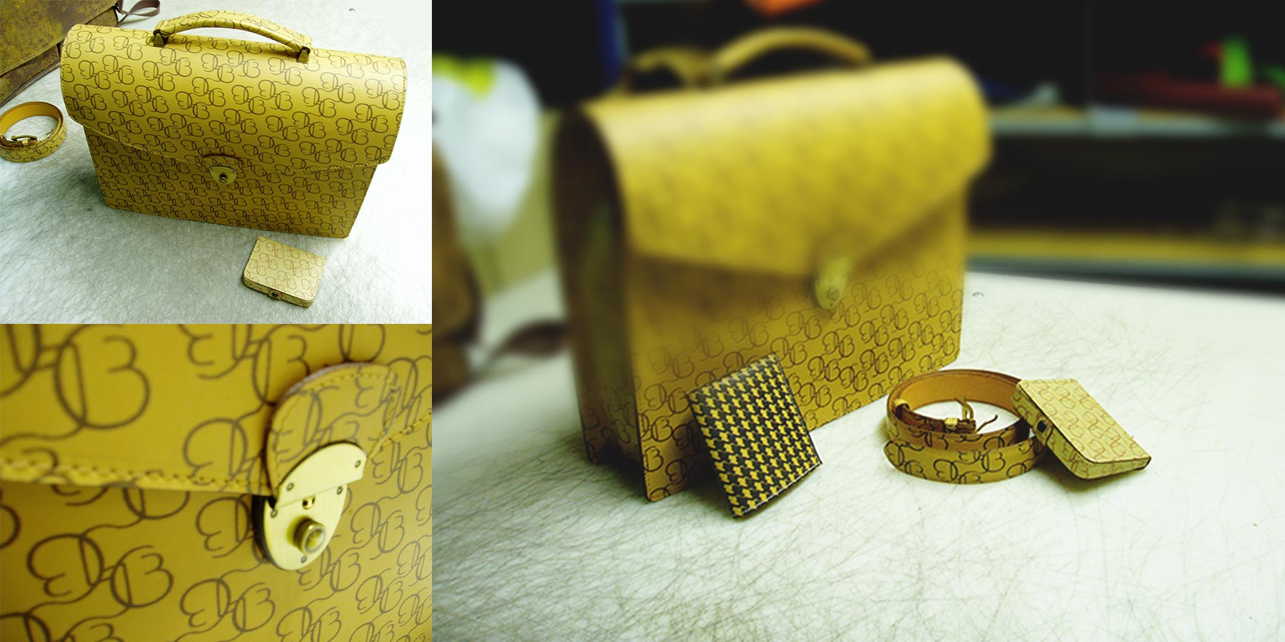 photographie de produits de maroquinerie : sac, ceinture, portefeuilles, imprimés avec le motif jcb.